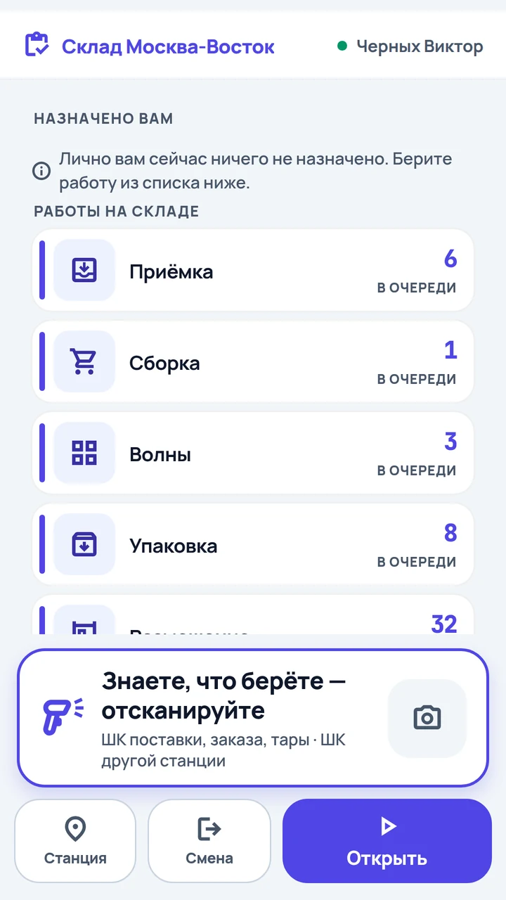 Список работ на ТСД: назначено вам и очереди склада — приёмка, сборка, волны, упаковка, размещение, отгрузка